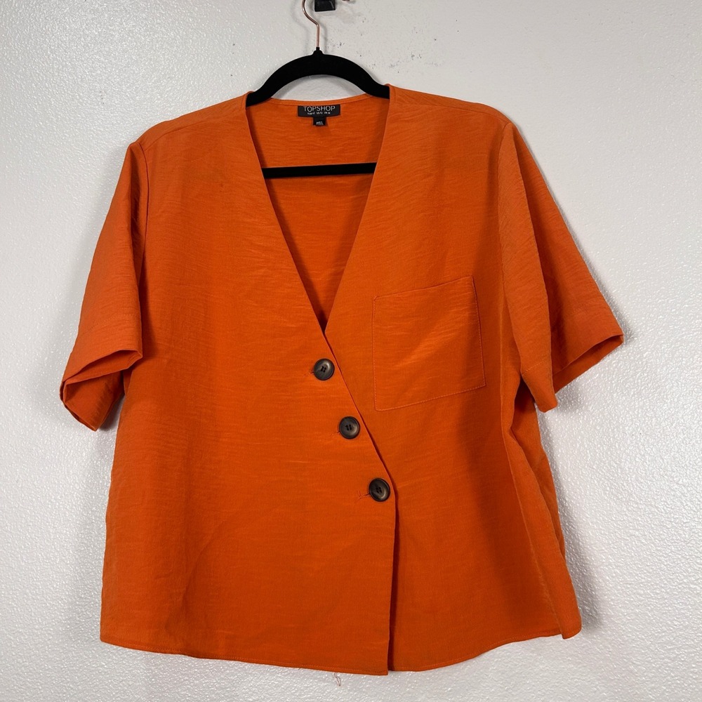 Topshop Womens Orange Asymmetrical Button V-Neck Short‎ Sleeve Blouse Size 10